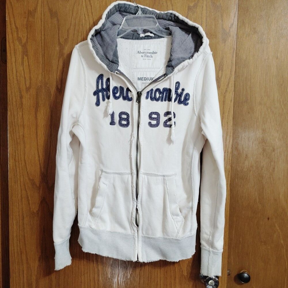 Vintage Abercrombie & Fitch Medium Hoodie Jacket Y2K White Full Zip Pockets